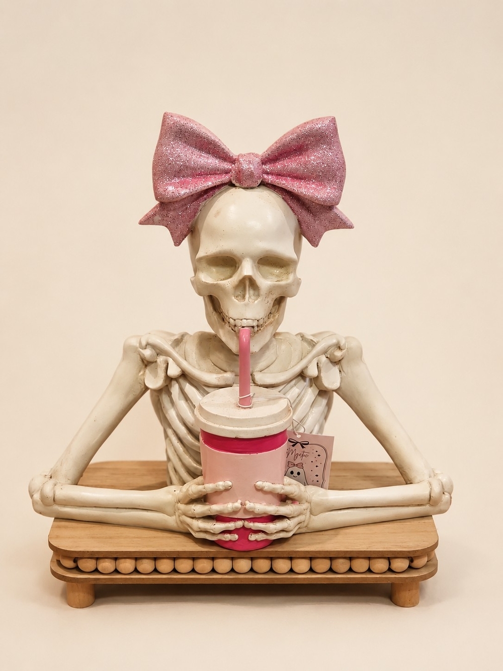 Pink Glitter Bow Skeleton Drinking Cup Figurine 12” Coquette Halloween Decor